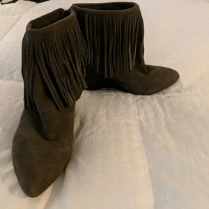 Charcoal Gray Fringe Wedge Bootie